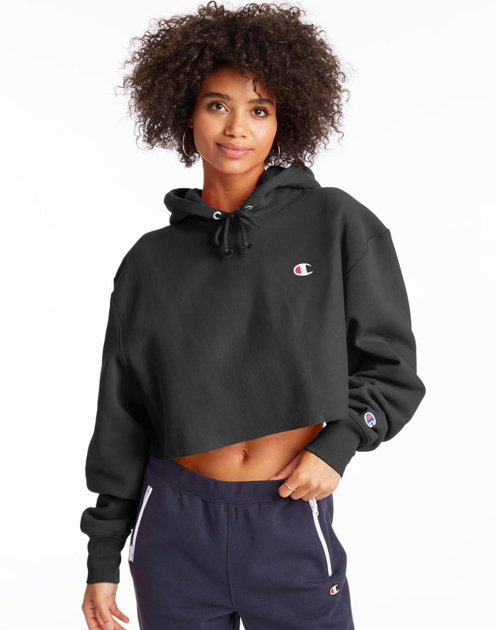 Champion Womens Hoodie NZ - Reverse Weave Cropped Cut-Off C Logo Black ( 9286-RKFPB )